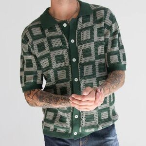 MASSIVE Luxury Edition Men's Crochet-Style Knit Polo Shirt Button Up Size L